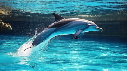 Naklejka premium Beautiful dolphins swimming in the ocean, stunning underwater photography, clear blue water, bright light, clean background