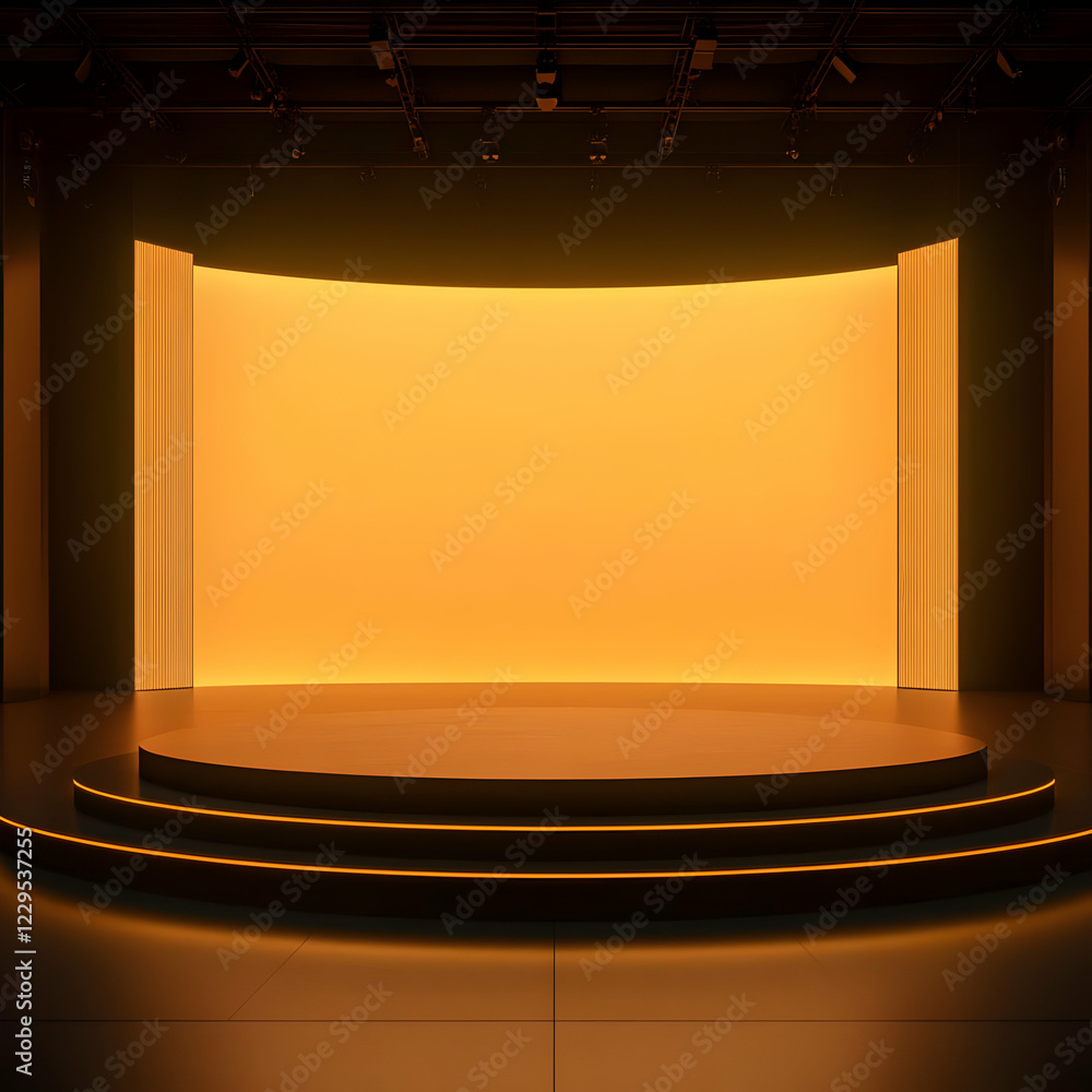 Poster 3d rendering of empty stage with yellow backdrop and lighting