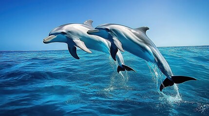 Beautiful dolphins swimming in the ocean, stunning underwater photography, clear blue water, bright light, clean background