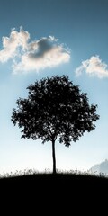 Obraz premium A solitary tree stands silhouetted on a hilltop, framed by a clear blue sky and soft clouds, creating a serene and peaceful landscape.