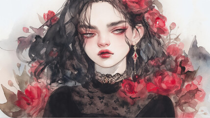 Fototapeta premium アートポートレート｜赤い唇と深紅の花に包まれた美女