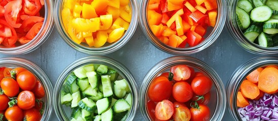 Chopped fresh vegetables arranged in glass jars.