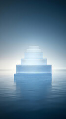 Glass Staircase Rises from Tranquil Water under a Serene Sky in a Minimalist 3D Render