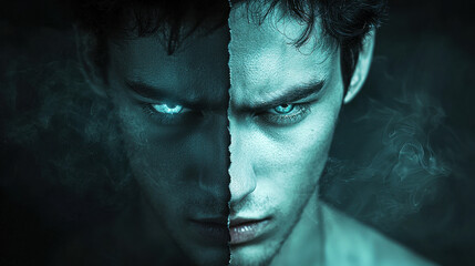 Exploration of identity through a split-vision portrait showcasing real-life emotions and an idealized digital avatar