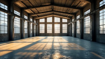 Sunlit interior of an empty warehouse with concrete structure