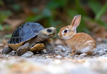 Tortoise and Rabbit Encounter in Nature, Close-Up of Two Adorable Animals Interacting in a Serene Green Environment with Natural Lighting