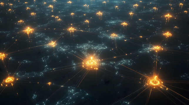 Digital Aerial View of Interconnected Luminous Points Creating a Vibrant Network Across a Dark Surface. Generative AI