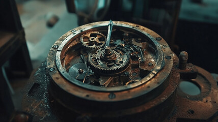 Fototapeta premium Intricate close-up of a vintage clock mechanism showcasing gears and springs in a dimly lit workshop