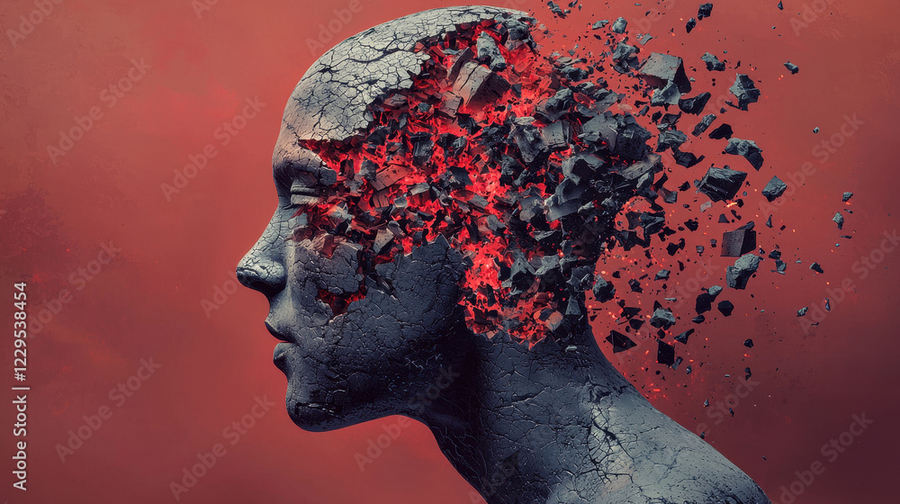 Poster surreal representation of a fragmented human mind exploring the boundary between reality and the dig