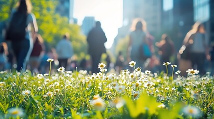 Fototapeta premium A blurred background of people walking in the city, with green grass and white flowers in focus. 