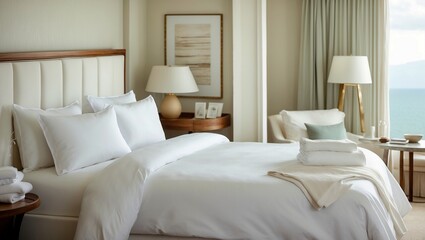 Tranquil hotel room with cozy white bed