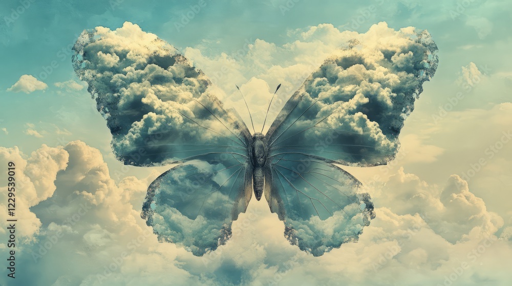 Poster a surreal image of a butterfly with wings made of clouds, set against a dreamy sky, creating a whims