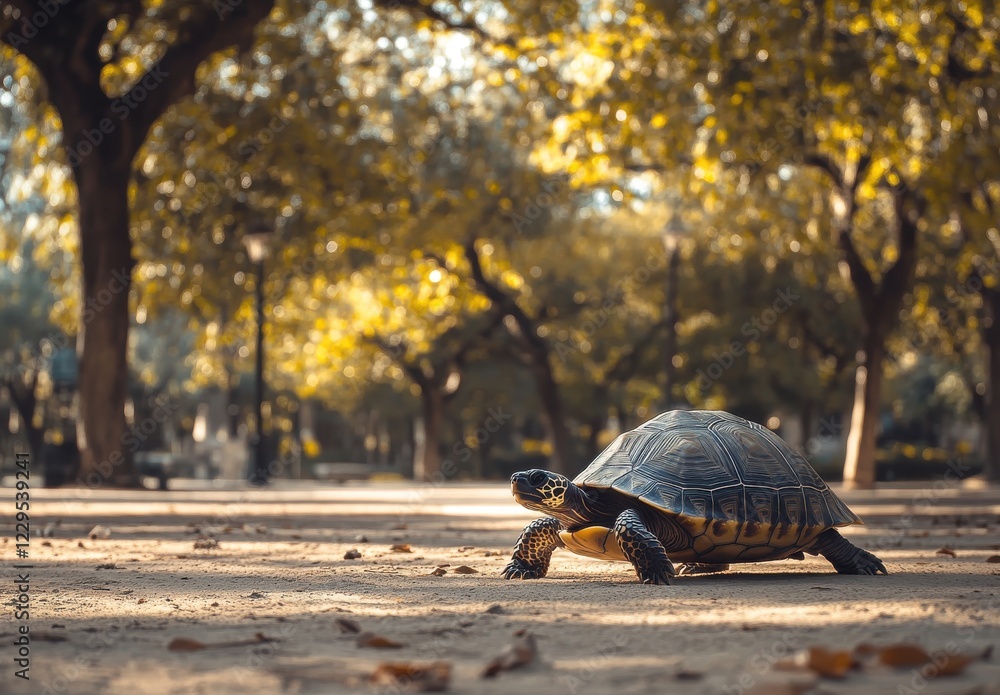 Aufkleber turtle walking on sandy path surrounded by green trees and soft evening light in tranquil park setti