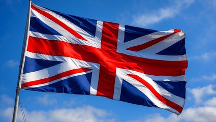 Union jack flag waving gracefully under clear blue sky