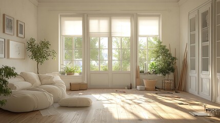 Fototapeta premium A bright, airy living room with white windows and doors in the background, with renovation work visible around it, showing tools scattered on the wooden floors. 