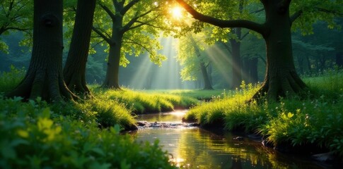 Naklejka premium The sound of a stream echoes from beneath the trees, tall trees, hampshire