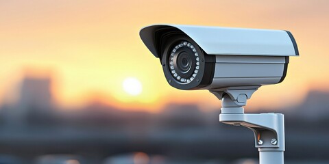 Surveillance camera monitoring urban area at sunset photography outdoor close-up security concept