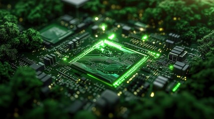 Fototapeta premium A close-up of an advanced circuit board with glowing green components, surrounded by dense forest foliage. 