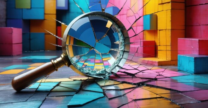 Cracked magnifying glass distorting everything, symbolizing deception, misperception, broken focus, flawed perspective, illusion, misinformation, uncertainty, instability, distortion