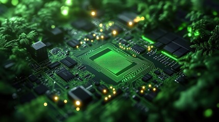 Obraz premium A close-up of an advanced circuit board with glowing green components, surrounded by dense forest foliage. 