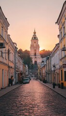 Naklejka premium Historic Center of Kyiv With Saint Sophia Cathedral Bell Tower, Summer Sunrise Over Cityscape