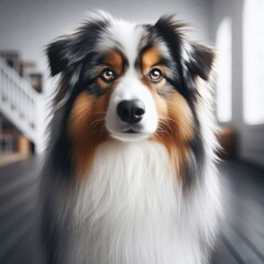 A charming dog with a stunning coat of fur radiates warmth and personality, sitting patiently in a bright room illuminated by soft afternoon sunlight, creating a cozy atmosphere