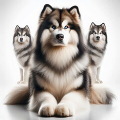 Obraz premium Three stunning huskies pose gracefully, their luxurious fur glistening under gentle light. The setting highlights their unique features, inviting admiration and wonder