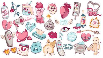 Anti Valentine's day elements set. Wine, envelope, bomb, arrow, calendar, red rose, dog, potion, hate letter, trap, cry tissues etc. Hand drawn non romantic symbols. Alternative Valentine day icons.