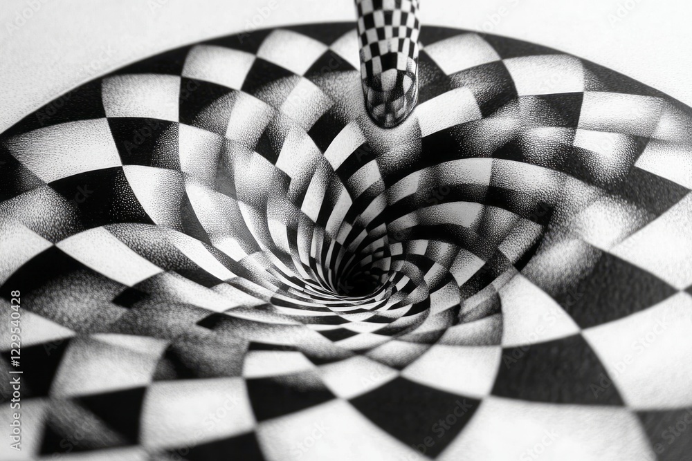 Poster black and white checkered spiral creating a mesmerizing optical illusion with a vortex effect.