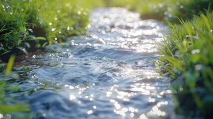 Fototapeta premium A serene stream flowing through vibrant green grass under a bright sun, evoking tranquility