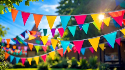 Vibrant bunting flags decorating a sunny summer party