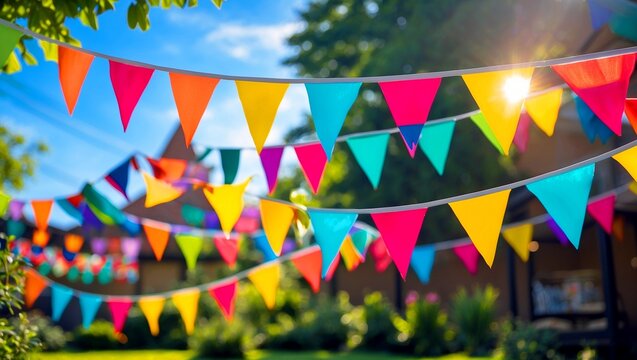 Vibrant bunting flags decorating a sunny summer party