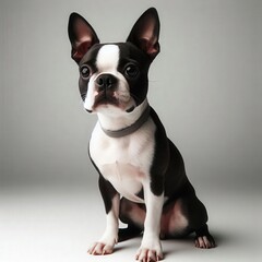 In a bright and minimalistic setting, a black and white boston terrier sits proudly, capturing attention with its playful expression and alert posture. The soft lighting enhances its features