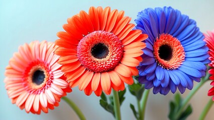 Vibrant closeup of three gerbera daisies on light background
