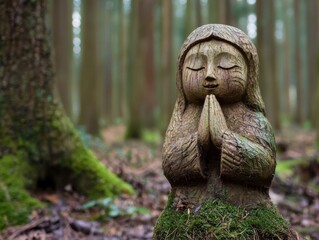 Wooden prayer statue enchanted forest nature photography serene environment close-up view spiritual concept
