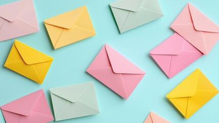 Creative envelope designs for personal letters home office photography bright colors aerial view expressive communication