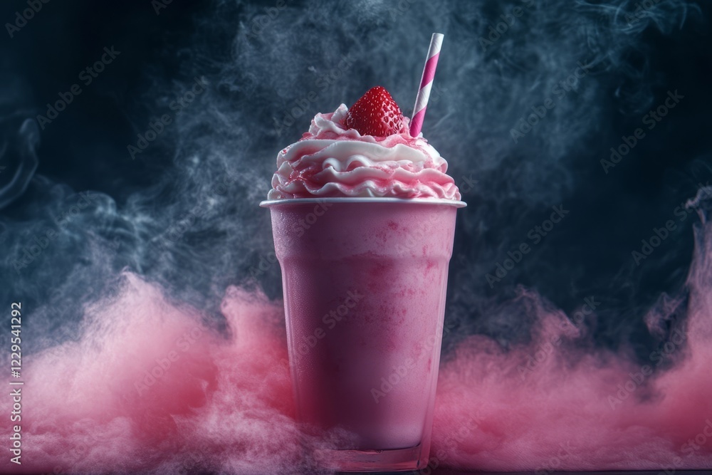 Poster pink drink with a strawberry on top and a straw in it is sitting on a table with a cloud of smoke in