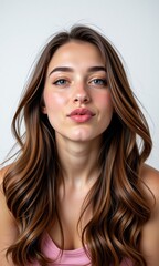 Naklejka premium Stunning Young Woman with Long Brown Wavy Hair Beautiful Makeup and Fresh Skin