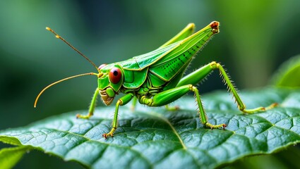 Fototapeta premium Vibrant green grasshopper resting on leaf surface