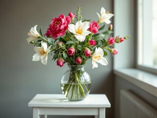Naklejka premium Bouquet of lilies and peonies in a vase, elegant mood, floral arrangement, against a soft background