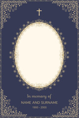 Vector - Beautiful memorial invitation card on dark blue background. Vintage style. Copy space.  RIP, wedding, marriage concept.