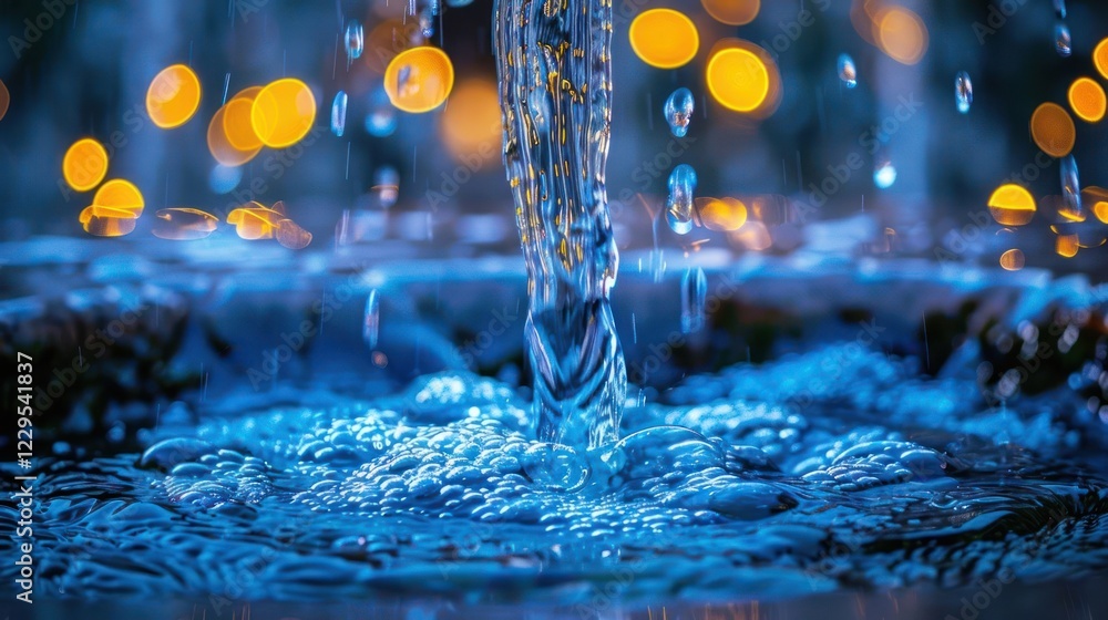 Poster close-up of flowing water creating ripples in a serene fountain with blurred bokeh lights