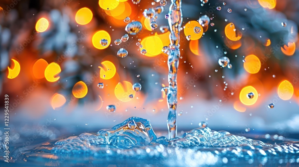 Poster close-up of water splashing against a colorful bokeh background with festive lights