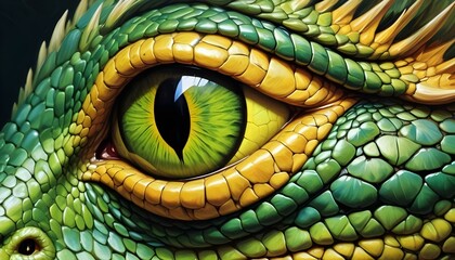 Fototapeta premium Un primer plano del ojo de un reptil, probablemente una serpiente o un lagarto. El ojo es grande y vibrante, con un llamativo iris verde y dorado y una pupila vertical