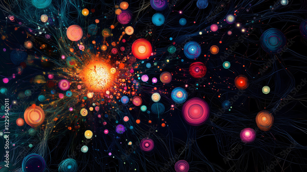 Poster artistic depiction of artificial light and energy creating a vibrant cosmic explosion in a dark back