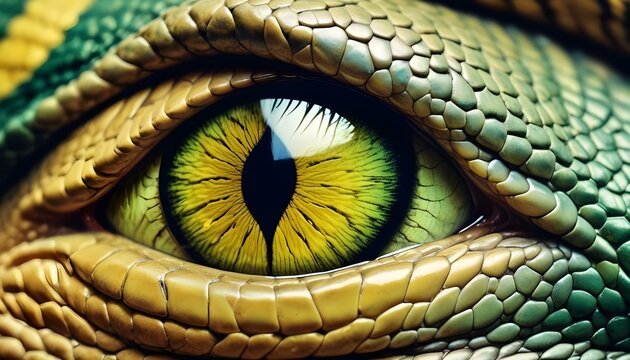 Un primer plano del ojo de un reptil, probablemente una serpiente o un lagarto. El ojo es grande y vibrante, con un llamativo iris verde y dorado y una pupila vertical
