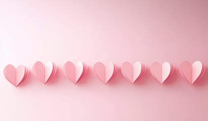 Row of Delicate Pink Paper Hearts on a Soft Pink Background