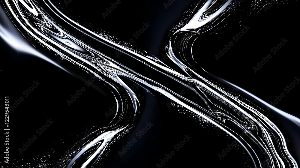 Poster abstract silver fluid flows and creates dynamic patterns on a dark background
