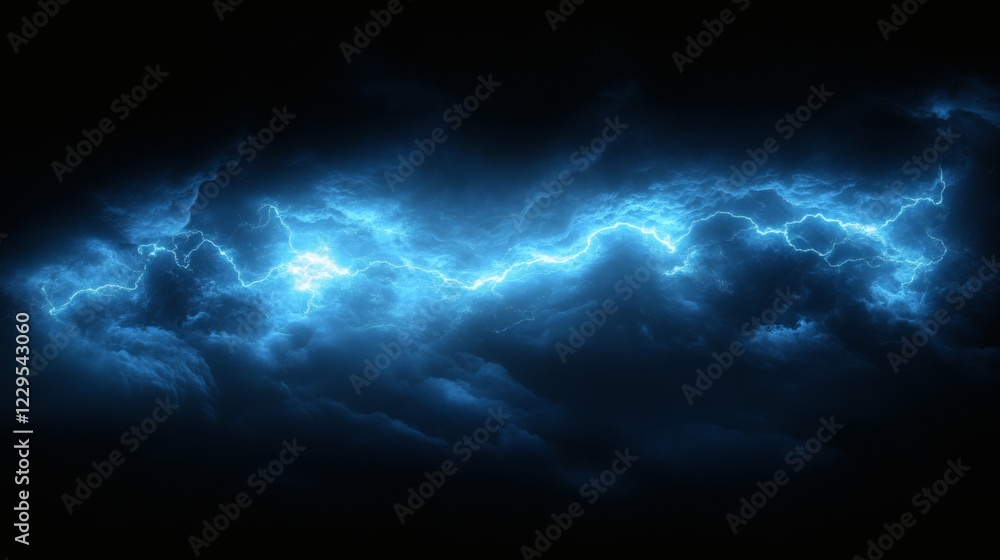 Poster single powerful blue lightning bolt cracking the stillness of a pitchblack sky creating intricate pa
