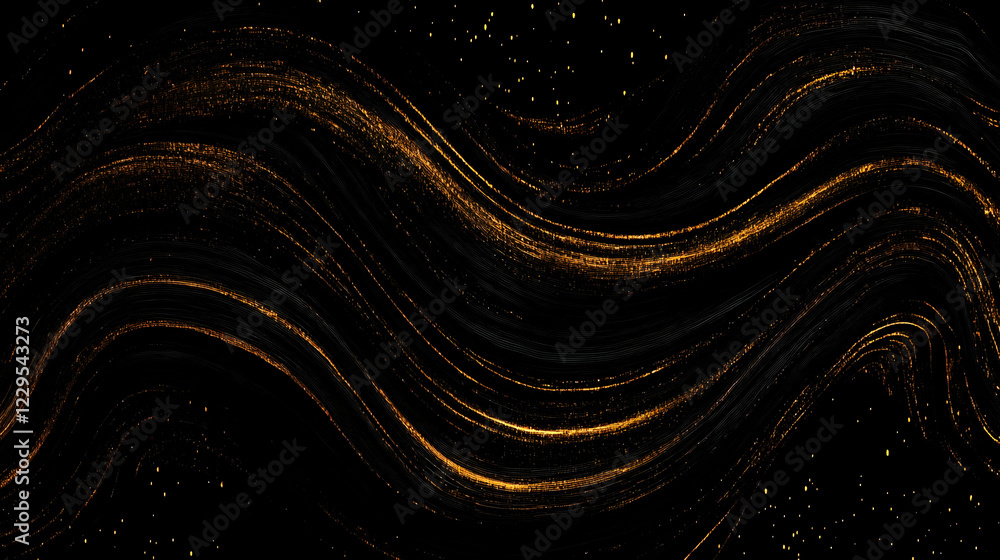 Poster abstract background with golden waves and particles dynamically flowing seamlessly